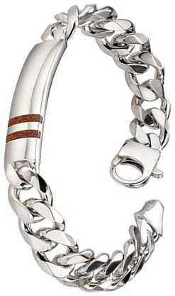Silver bracelet High polish Sterling Silver Gents Identity inset wood on curb 8.25 inch