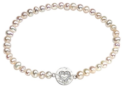 Silver bracelet Fresh water pearl Satin Sterling Silver Heart CZ in disc stretch