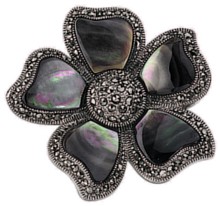 Silver brooch Oxidised Sterling Silver Marcasite Grey shell Flower 43mm width, 51 grams.