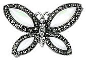 Silver brooch Oxidised Sterling Silver Marcasite Mother of pearl Butterfly 34mm width, 6.8 grams.