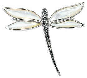 Silver brooch Oxidised Sterling Silver Marcasite Mother of pearl Dragonfly 57mm width, 13 grams.
