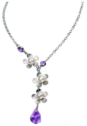 Silver necklace Amethyst Fresh water pearl High polish Sterling Silver Three flower pearls 17.25 inch, 4.6 grams.
