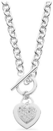 Silver necklace 17 inch Clear zirconium High polish Sterling Silver Heart on hollow chain Tbar, 19.4 grams.