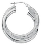 Silver hoop earrings High polish Sterling Silver Plain and knurled 2mm, 5.3 grams.