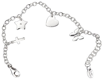 Silver bracelet High polish Sterling Silver Diamond Girls 4 charm 5.5-6.75 inch, 3.8 grams.