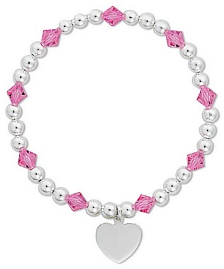 Silver bracelet High polish Sterling Silver Pink zirconium Ball beads and heart 7.5 inch, 10 grams.