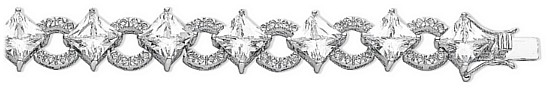 Silver bracelet High polish Sterling Silver Clear zirconium Circles to square jewel 7.5 inch, 36.5 grams.