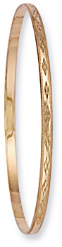 Gold bangle High polish 9ct gold 3mm D shape patterned, 4.4 grams.