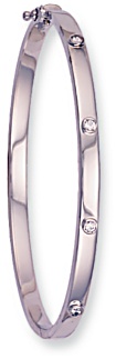 Gold bangle High polish 9ct white gold Clear zirconium 3mm rectangular oval hollow, 6.0 grams.