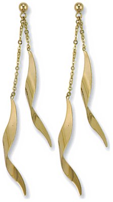 Gold drop earrings High polish 9ct gold Double curved spiral on chain 80mm h, 3.5 grams.
