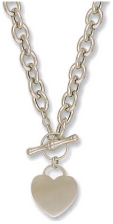 Gold necklace High polish 9ct white gold Large heart Tbar hollow links 17 inch, 22.8 grams.