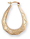 Gold hoop earrings High polish 9ct gold Oval triangular ornate 28mm h, 1.1 grams.