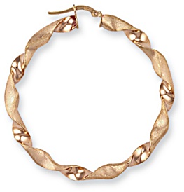 Gold hoop earrings High polish Sand blasted 9ct gold Eye shape twist 51mm, 3.8 grams.