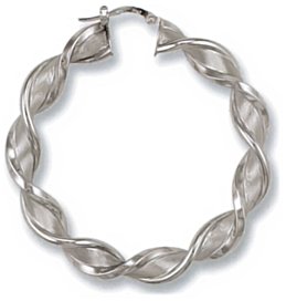 Gold hoop earrings High polish Sand blasted 9ct white gold Dumbell twist 50mm, 7.4 grams.