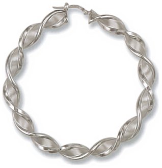 Gold hoop earrings High polish Sand blasted 9ct white gold Dumbell twist 62mm, 9.7 grams.