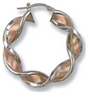 Gold hoop earrings High polish Sand blasted 9ct gold Dumbell twist bicolor 35mm, 4.9 grams.