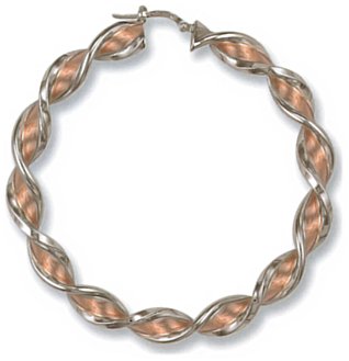Gold hoop earrings High polish Sand blasted 9ct gold Dumbell twist bicolor 62mm, 9.7 grams.