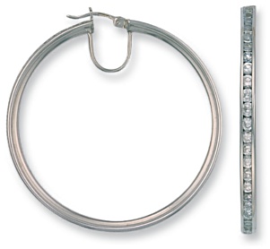 Gold hoop earrings High polish 9ct white gold Clear zirconium Square jewelled 50mm, 9.5 grams.