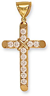 Gold pendant High polish 9ct gold Clear zirconium 61mm cross circular hollow, 6 grams.