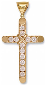 Gold pendant High polish 9ct gold Clear zirconium 68mm cross circular hollow, 8 grams.