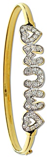 Gold bangle High polish 9ct gold Clear zirconium 6mm rectangle MUM heart adjustable bicolor, 9.5 grams.