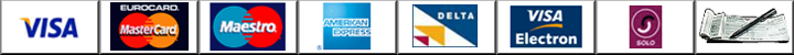 We accept Visa, American Express, MasterCard, Maestro, Visa Electron, Visa Delta, Solo, Cheques and Postal Orders.