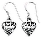Silver drop earrings Oxidised Sterling Silver Heart cutout