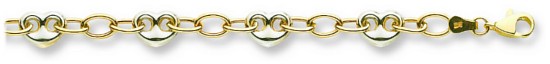 Gold bracelet High polish 9ct white and yellow gold Hearts 7.6 by 5.3mm and oval links, 4.0 grams.