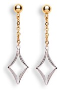 Gold drop earrings High polish 9ct white and yellow gold Perspective on chain 36mm height, 1.3 grams.