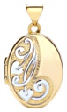 Gold pendant High polish 9ct gold Oval flower pattern white gold detail