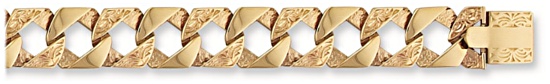 Gold bracelet High polish Patterned 9ct gold 15mm by 2.9mm curb square cast mens, 31 grams.