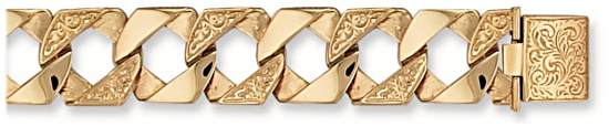 Gold bracelet High polish Patterned 9ct gold Mens 8.5 inch 16.8mm by 2.9mm curb square cast mens, 40 grams.