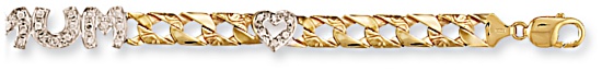 Gold bracelet High polish 9ct gold Clear zirconium 6.5mm curb square MUM 9mm by 26mm bicolor, 8.8 grams.